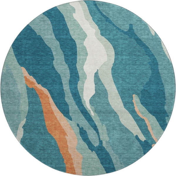 HomeRoots 8' Teal Orange and Ivory Abstract Washable Round Rug – Stylish, Durable, UV-Protected for Any Space 682160