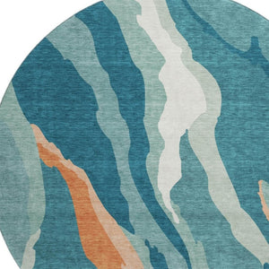 HomeRoots 8' Teal Orange and Ivory Abstract Washable Round Rug – Stylish, Durable, UV-Protected for Any Space 682160