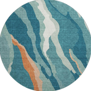 HomeRoots 8' Teal Orange and Ivory Abstract Washable Round Rug – Stylish, Durable, UV-Protected for Any Space 682160