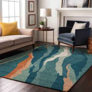 HomeRoots 9' X 12' Teal, Orange & Ivory Abstract Area Rug – Washable, UV Protected, Pet-Friendly Design! 682162