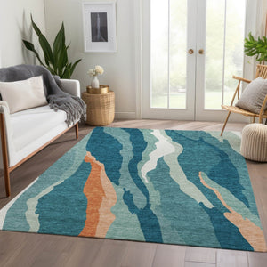 HomeRoots 9' X 12' Teal, Orange & Ivory Abstract Area Rug – Washable, UV Protected, Pet-Friendly Design! 682162