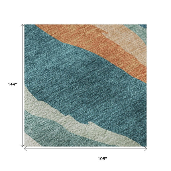 HomeRoots 9' X 12' Teal, Orange & Ivory Abstract Area Rug – Washable, UV Protected, Pet-Friendly Design! 682162