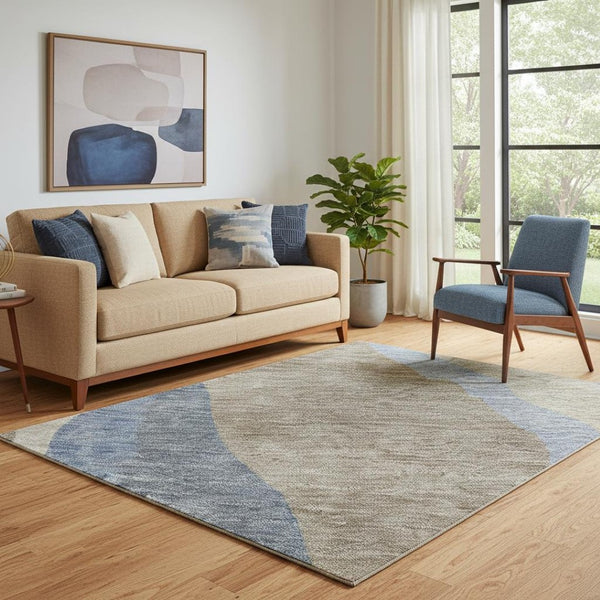 HomeRoots 5' X 8' Stylish Washable Area Rug in Taupe, Blue, Beige - UV Protected, Pet-Friendly Design! 682165