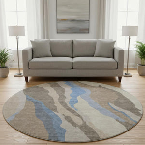 HomeRoots 8' Modern Abstract Taupe Blue Beige Round Rug - Washable, UV Protected & Perfect for Active Homes 682166