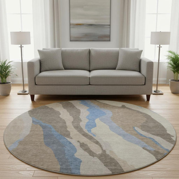 HomeRoots 8' Modern Abstract Taupe Blue Beige Round Rug - Washable, UV Protected & Perfect for Active Homes 682166