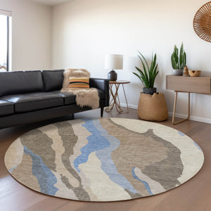 HomeRoots 8' Modern Abstract Taupe Blue Beige Round Rug - Washable, UV Protected & Perfect for Active Homes 682166