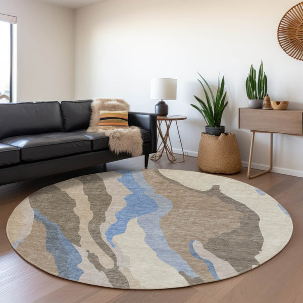 HomeRoots 8' Modern Abstract Taupe Blue Beige Round Rug - Washable, UV Protected & Perfect for Active Homes 682166