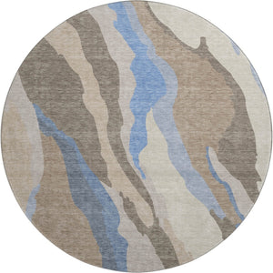 HomeRoots 8' Modern Abstract Taupe Blue Beige Round Rug - Washable, UV Protected & Perfect for Active Homes 682166