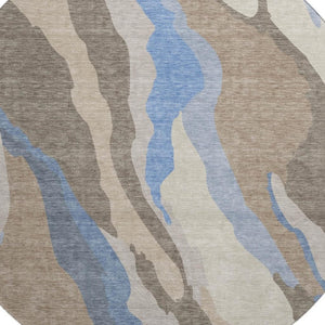 HomeRoots 8' Modern Abstract Taupe Blue Beige Round Rug - Washable, UV Protected & Perfect for Active Homes 682166
