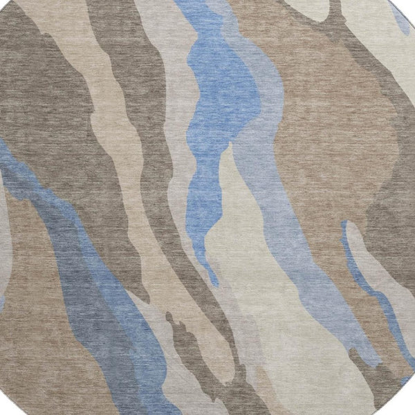 HomeRoots 8' Modern Abstract Taupe Blue Beige Round Rug - Washable, UV Protected & Perfect for Active Homes 682166
