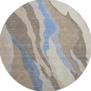 HomeRoots 8' Modern Abstract Taupe Blue Beige Round Rug - Washable, UV Protected & Perfect for Active Homes 682166