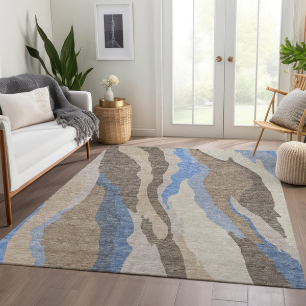 HomeRoots 10' X 14' Oversized Taupe Blue Beige Abstract Area Rug - Durable, Washable & UV Protected for Style! 682169