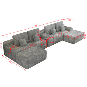 English Elm 150''Width 5-piece Sectional Sofa with Console, Convertible U-Shape, Wireless Charging & Bluetooth Speaker LIGHT GREY W579S00054