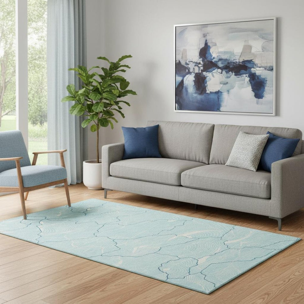 HomeRoots 5' Aqua Teal & Ivory Abstract Washable Area Rug - Durable, Stain-Resistant, UV Protected Design! 682171