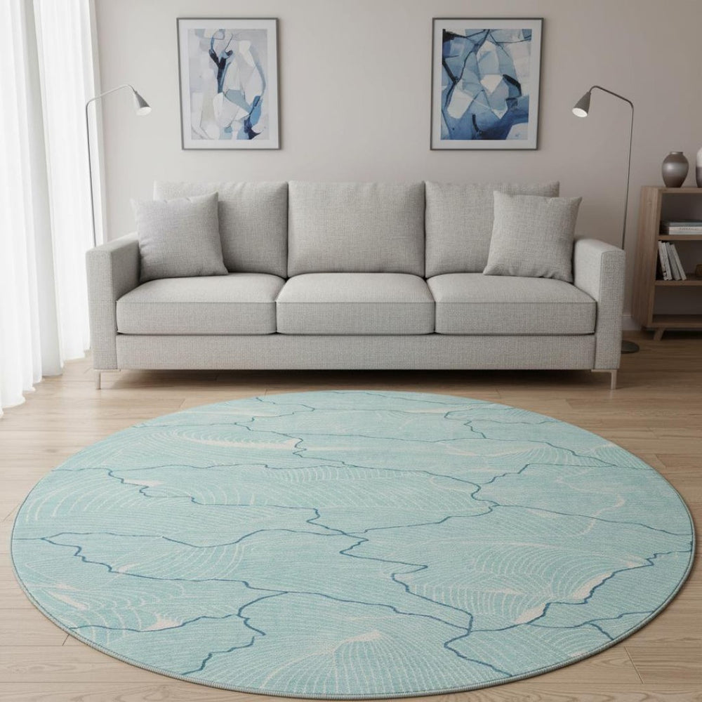 HomeRoots 8' Aqua Teal & Ivory Abstract Washable Round Rug - Durable, UV-Protected & Stylish for Any Room 682172