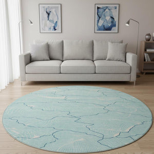 HomeRoots 8' Aqua Teal & Ivory Abstract Washable Round Rug - Durable, UV-Protected & Stylish for Any Room 682172