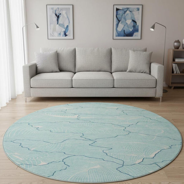 HomeRoots 8' Aqua Teal & Ivory Abstract Washable Round Rug - Durable, UV-Protected & Stylish for Any Room 682172