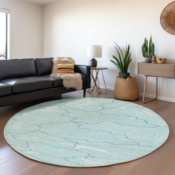 HomeRoots 8' Aqua Teal & Ivory Abstract Washable Round Rug - Durable, UV-Protected & Stylish for Any Room 682172