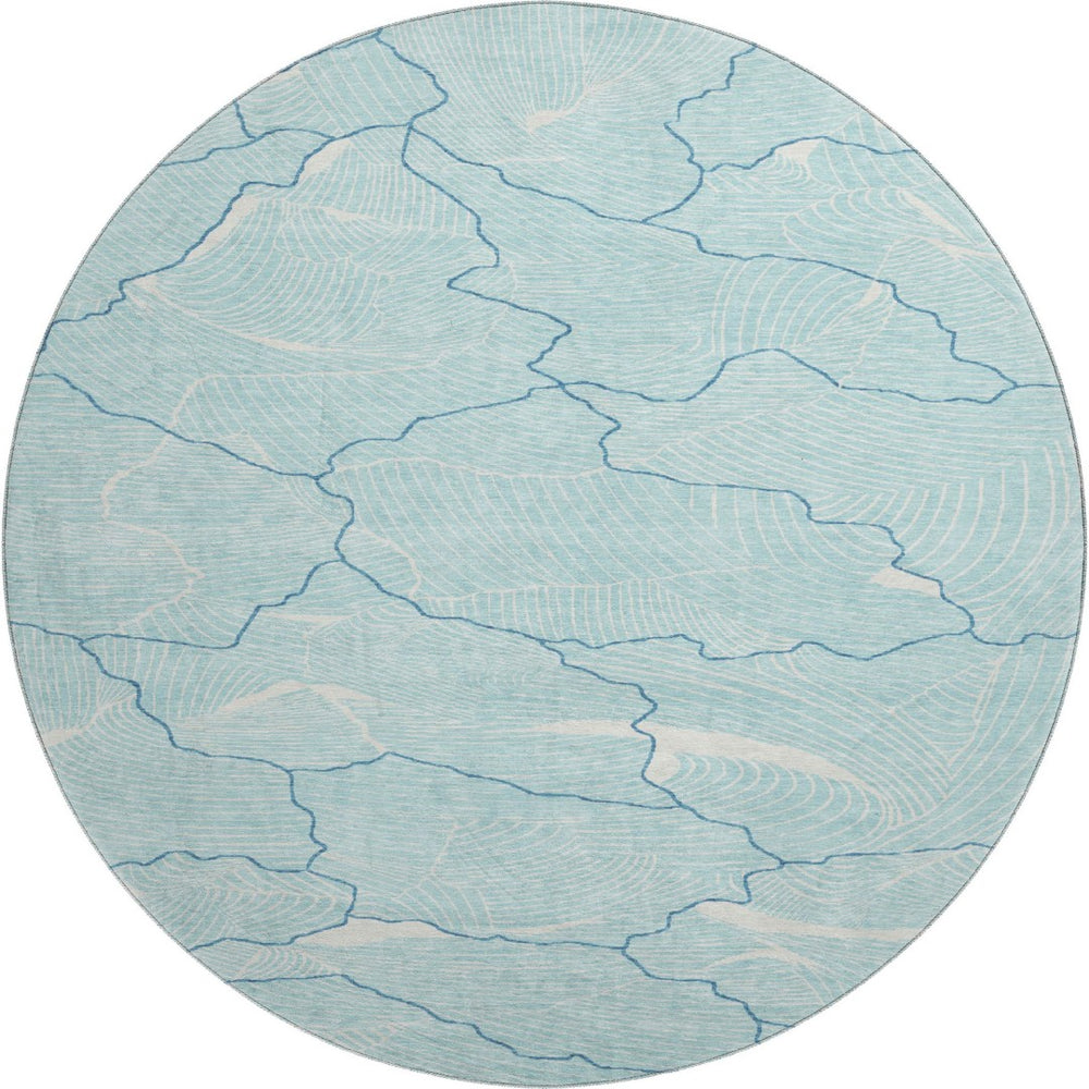HomeRoots 8' Aqua Teal & Ivory Abstract Washable Round Rug - Durable, UV-Protected & Stylish for Any Room 682172