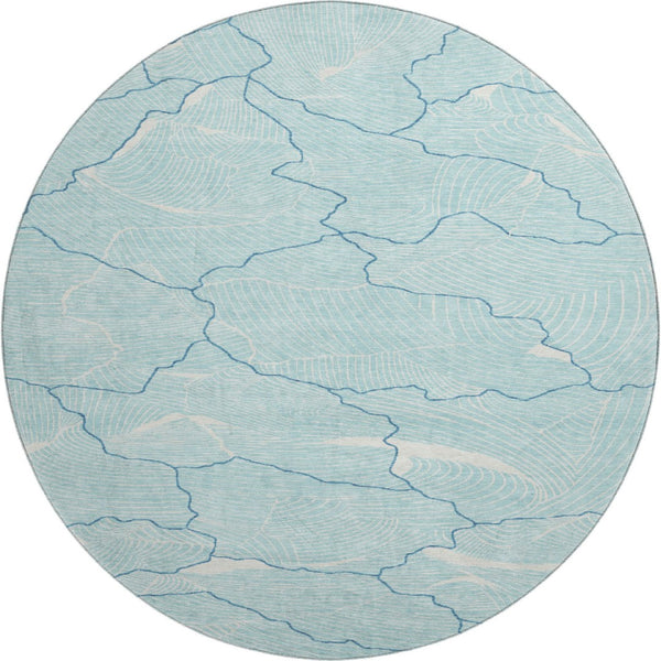 HomeRoots 8' Aqua Teal & Ivory Abstract Washable Round Rug - Durable, UV-Protected & Stylish for Any Room 682172