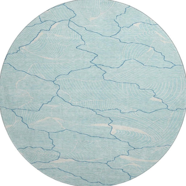 HomeRoots 8' Aqua Teal & Ivory Abstract Washable Round Rug - Durable, UV-Protected & Stylish for Any Room 682172