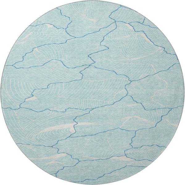 HomeRoots 8' Aqua Teal & Ivory Abstract Washable Round Rug - Durable, UV-Protected & Stylish for Any Room 682172