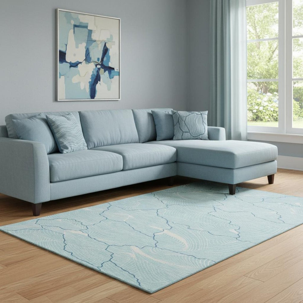 HomeRoots 8' X 10' Aqua Teal and Ivory Abstract Washable Area Rug with UV Protection for Modern Homes 682173
