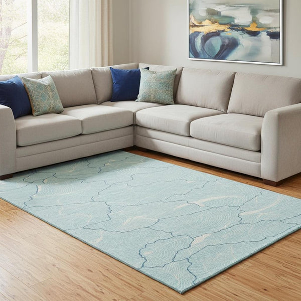 HomeRoots 10' Aqua Teal & Ivory Abstract Washable Area Rug – Durable, UV-Protected, Perfect for High-Traffic Homes 682175