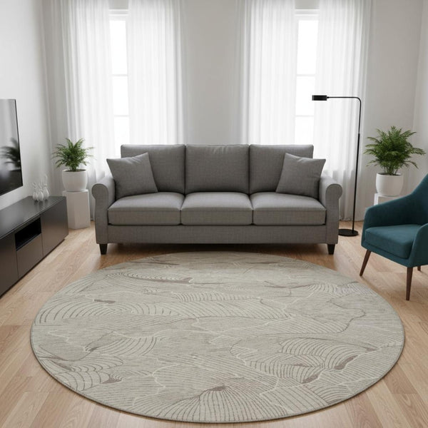 HomeRoots 8' Washable Round Rug in Beige, Taupe & Ivory - UV Protected, Stain Resistant, Modern Abstract Design 682178