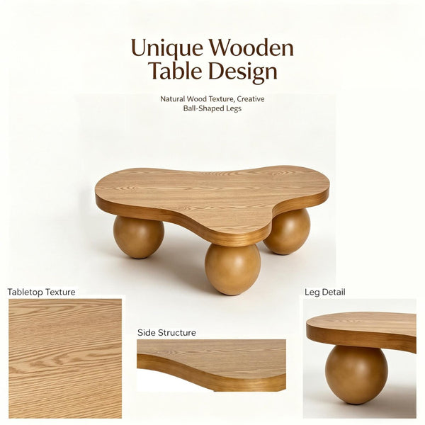 English Elm 46 Inch Cloud Shaped Coffee Table with Ash Veneer Top and Sculptural Sphere Legs Brown W3935S00008
