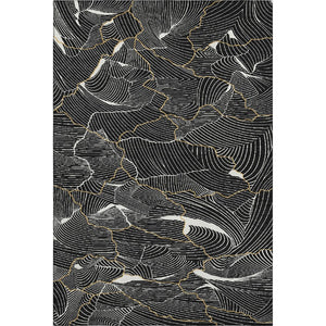 HomeRoots 5' X 8' Black Ivory Gold Abstract Area Rug - Durable, Washable, UV Protected for Modern Spaces 682183