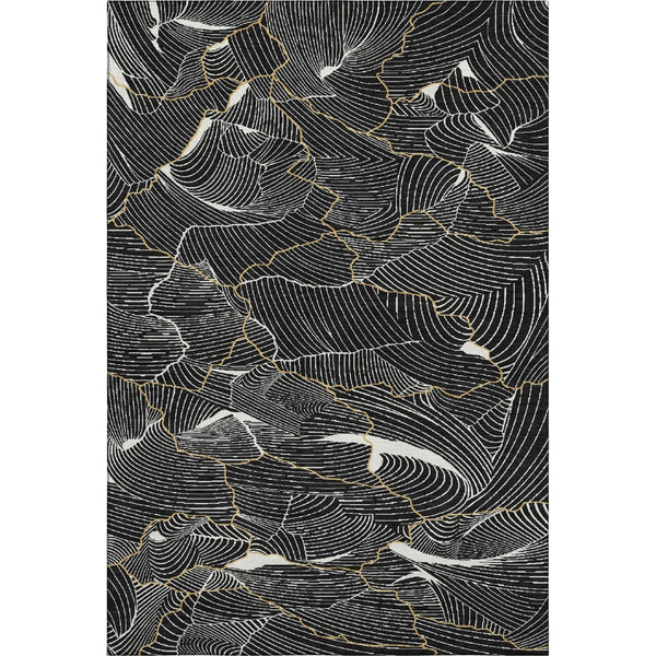 HomeRoots 5' X 8' Black Ivory Gold Abstract Area Rug - Durable, Washable, UV Protected for Modern Spaces 682183