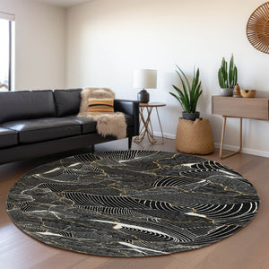 HomeRoots 8' Black Ivory and Gold Abstract Round Rug - Washable, UV Protected, Durable Design for High Traffic Areas 682184