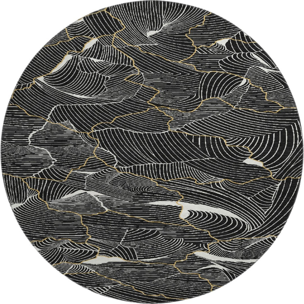 HomeRoots 8' Black Ivory and Gold Abstract Round Rug - Washable, UV Protected, Durable Design for High Traffic Areas 682184