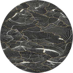 HomeRoots 8' Black Ivory and Gold Abstract Round Rug - Washable, UV Protected, Durable Design for High Traffic Areas 682184