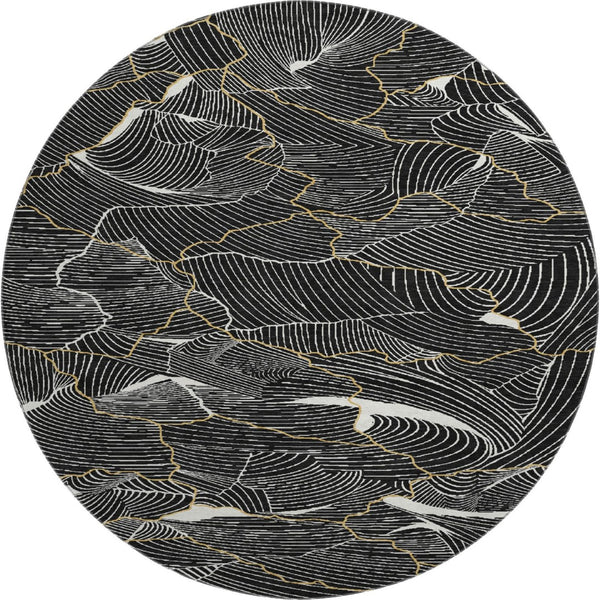 HomeRoots 8' Black Ivory and Gold Abstract Round Rug - Washable, UV Protected, Durable Design for High Traffic Areas 682184