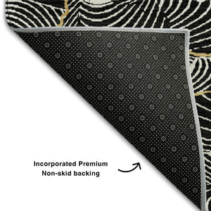 HomeRoots 8' Black Ivory and Gold Abstract Round Rug - Washable, UV Protected, Durable Design for High Traffic Areas 682184