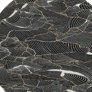 HomeRoots 8' Black Ivory and Gold Abstract Round Rug - Washable, UV Protected, Durable Design for High Traffic Areas 682184
