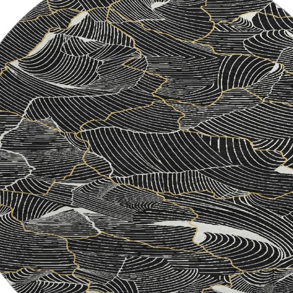 HomeRoots 8' Black Ivory and Gold Abstract Round Rug - Washable, UV Protected, Durable Design for High Traffic Areas 682184