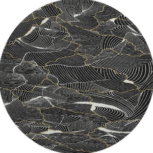 HomeRoots 8' Black Ivory and Gold Abstract Round Rug - Washable, UV Protected, Durable Design for High Traffic Areas 682184