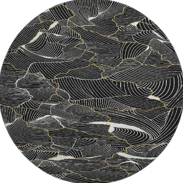 HomeRoots 8' Black Ivory and Gold Abstract Round Rug - Washable, UV Protected, Durable Design for High Traffic Areas 682184