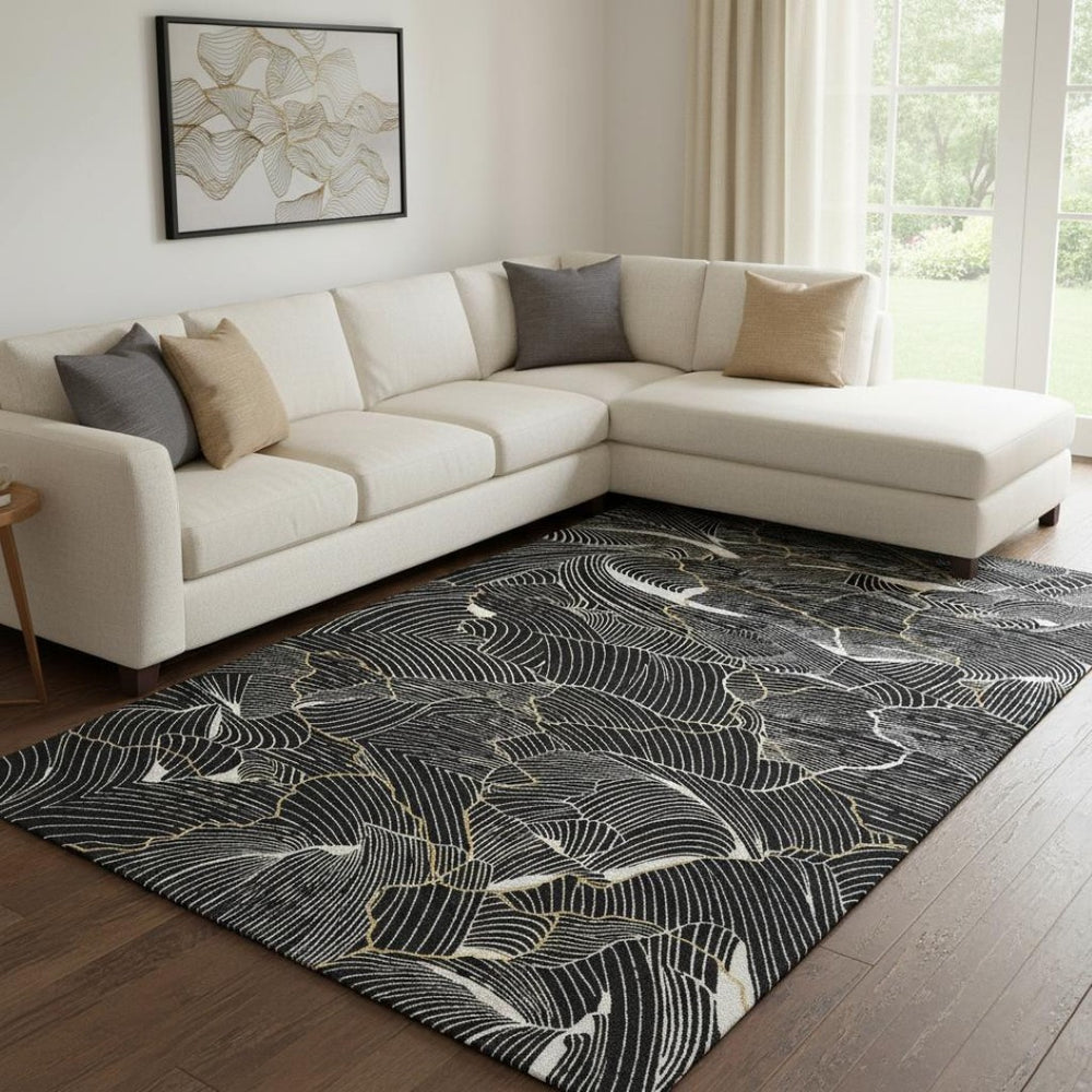 HomeRoots 8' X 10' Elegant Black Ivory Gold Abstract Washable Area Rug with UV Protection & Stain Resistance 682185