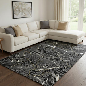 HomeRoots 8' X 10' Elegant Black Ivory Gold Abstract Washable Area Rug with UV Protection & Stain Resistance 682185