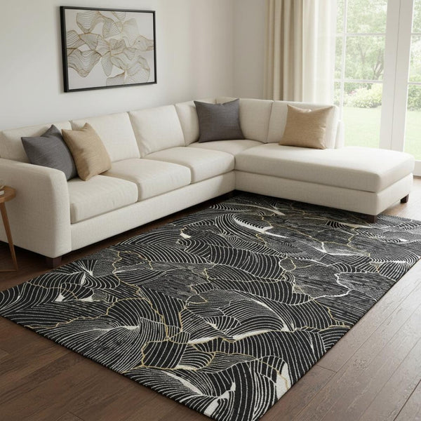 HomeRoots 8' X 10' Elegant Black Ivory Gold Abstract Washable Area Rug with UV Protection & Stain Resistance 682185