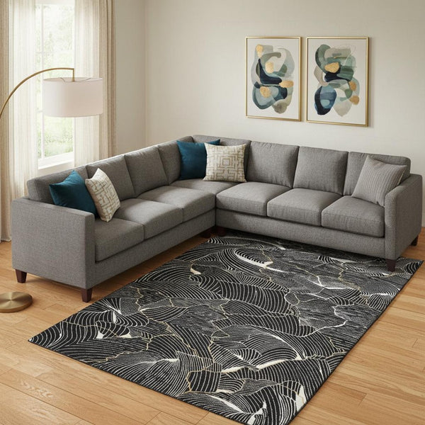 HomeRoots 9' X 12' Stylish Black Ivory Gold Abstract Area Rug - Washable, UV Protected, Stain-Resistant Design 682186
