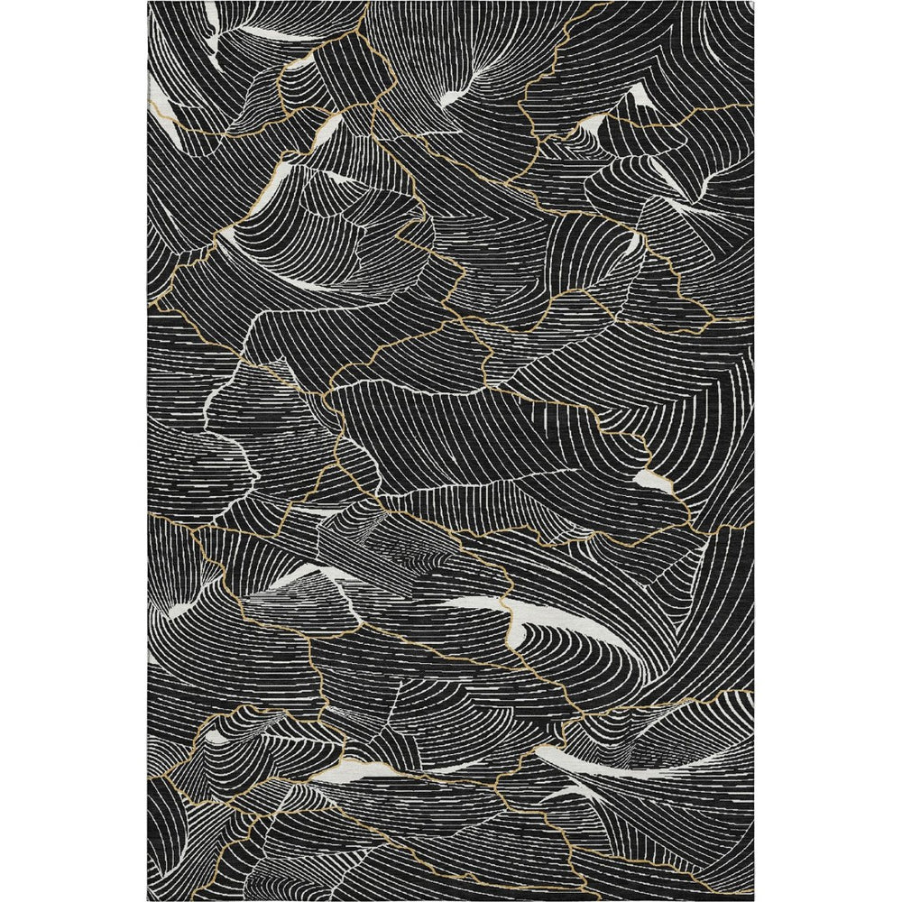 HomeRoots 9' X 12' Stylish Black Ivory Gold Abstract Area Rug - Washable, UV Protected, Stain-Resistant Design 682186