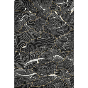 HomeRoots 9' X 12' Stylish Black Ivory Gold Abstract Area Rug - Washable, UV Protected, Stain-Resistant Design 682186