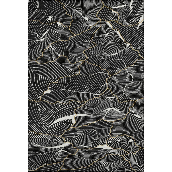HomeRoots 9' X 12' Stylish Black Ivory Gold Abstract Area Rug - Washable, UV Protected, Stain-Resistant Design 682186
