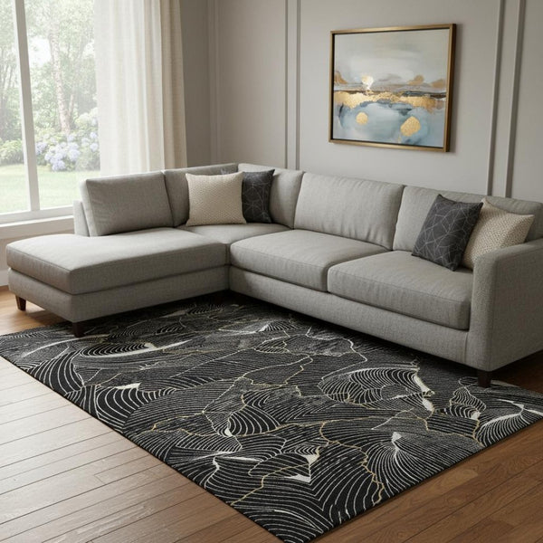 HomeRoots 10' X 14' Modern Black Ivory Gold Abstract Washable Area Rug with UV Protection for High-Traffic Areas 682187