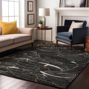 HomeRoots 10' X 14' Modern Black Ivory Gold Abstract Washable Area Rug with UV Protection for High-Traffic Areas 682187